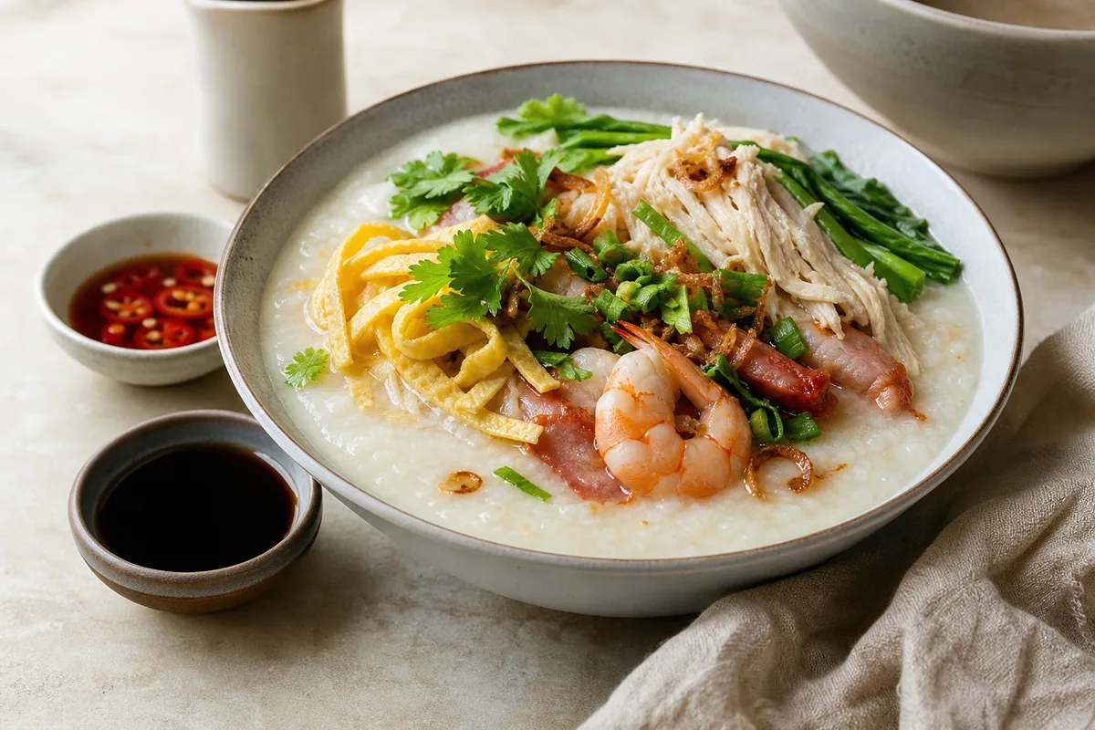Bol de tsock maison malgache servi avec poulet effiloché, coriandre, ciboule, omelette, char siu, crevettes et oignons frits