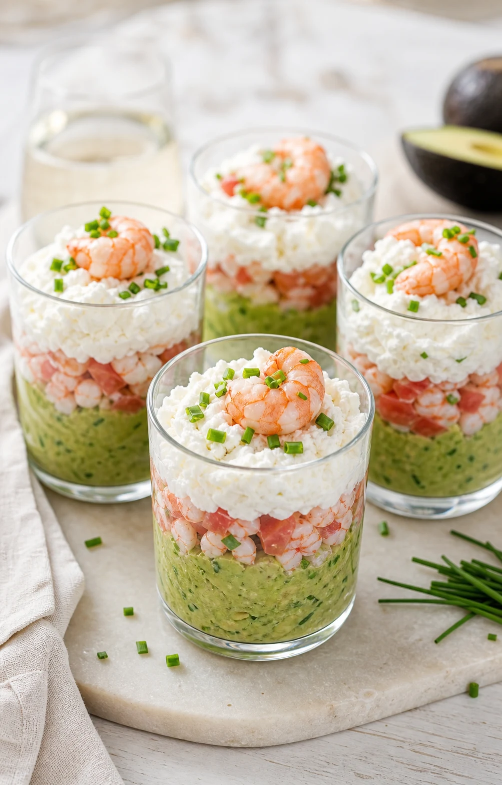 Verrines avocat crevette bien fraîches avec couches nettes, fromage frais, ciboulette et crevettes roses sur plateau clair
