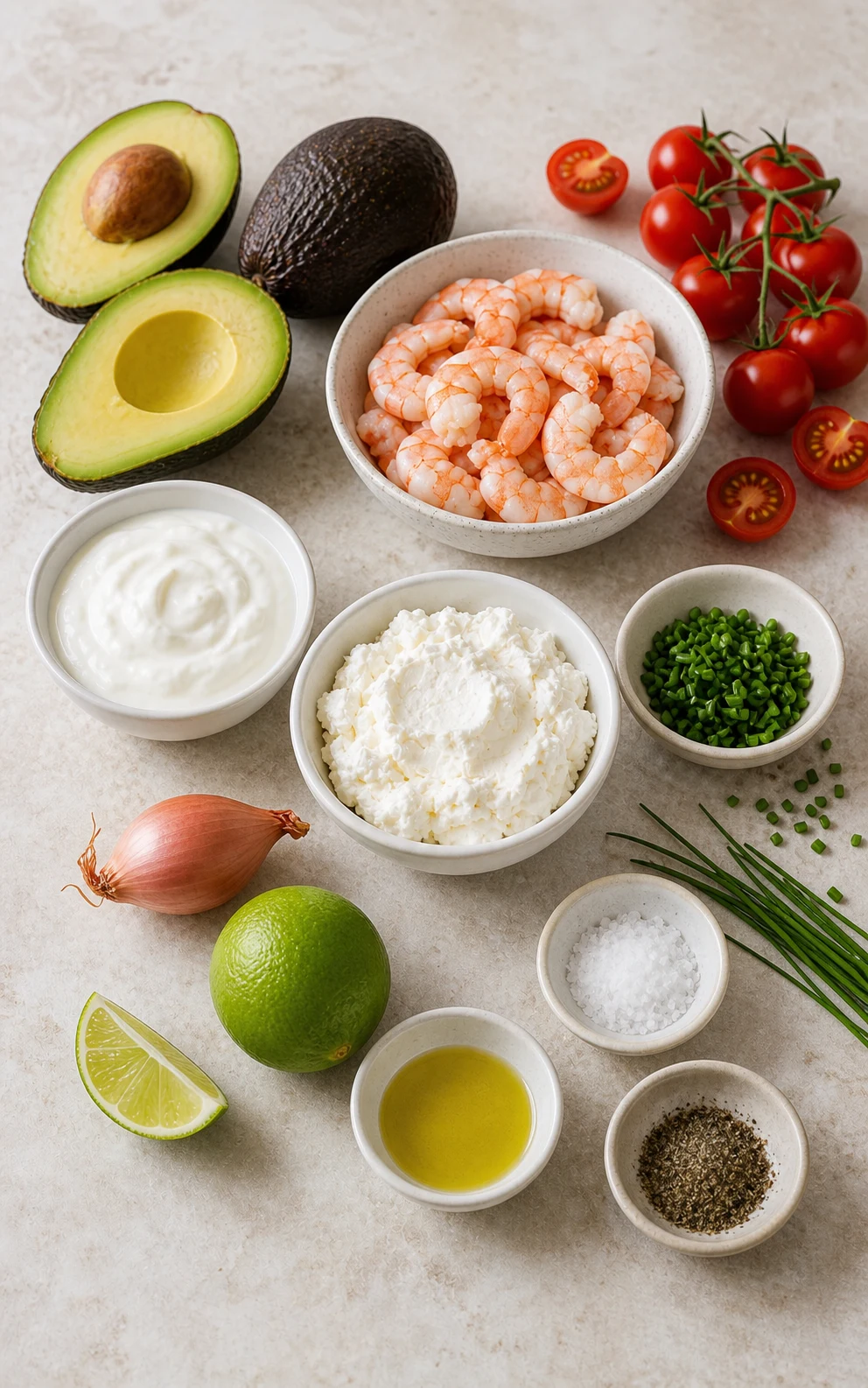 Ingrédients pour verrines avocat crevette avec avocats, crevettes roses, fromage frais, yaourt grec, tomate, citron vert et ciboulette sur plan de travail clair