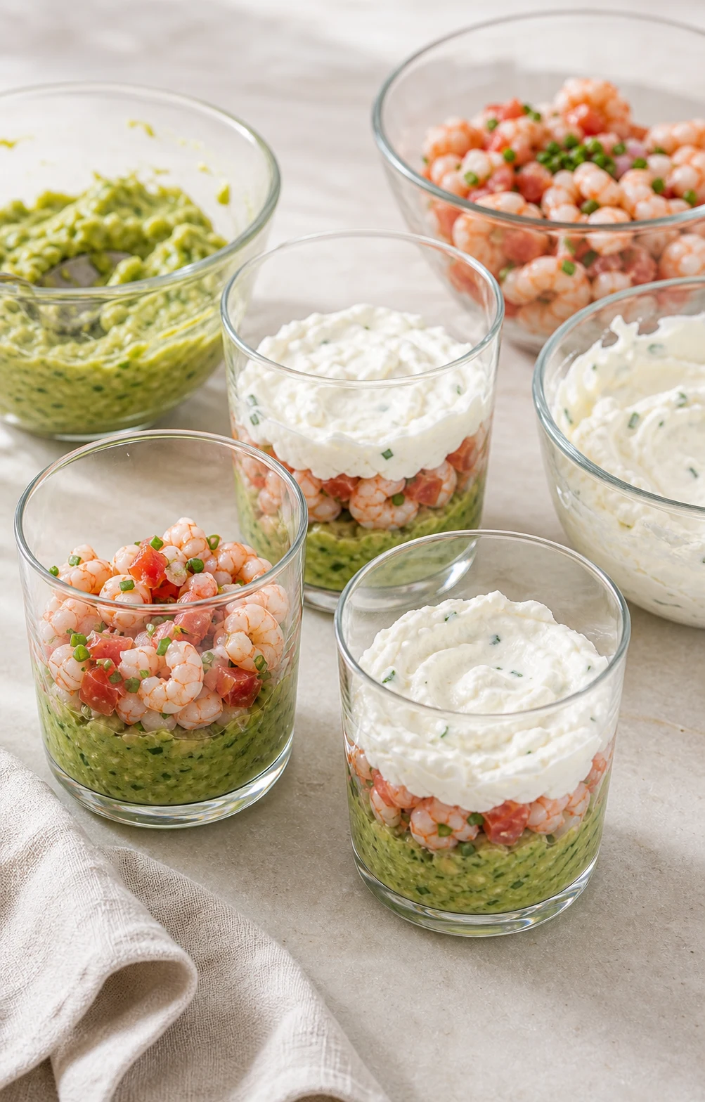 Montage de verrines avocat crevette avec crème d’avocat, mélange de crevettes et fromage frais dans petits verres transparents
