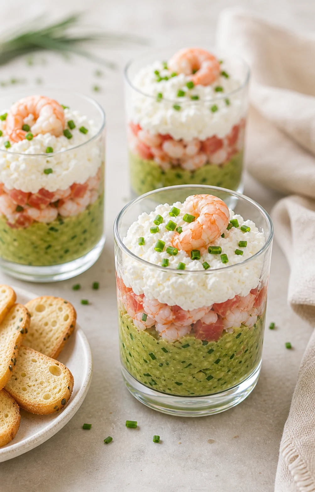 Verrine avocat crevette servie à l’apéritif avec crackers fins et finition de ciboulette sur table lumineuse