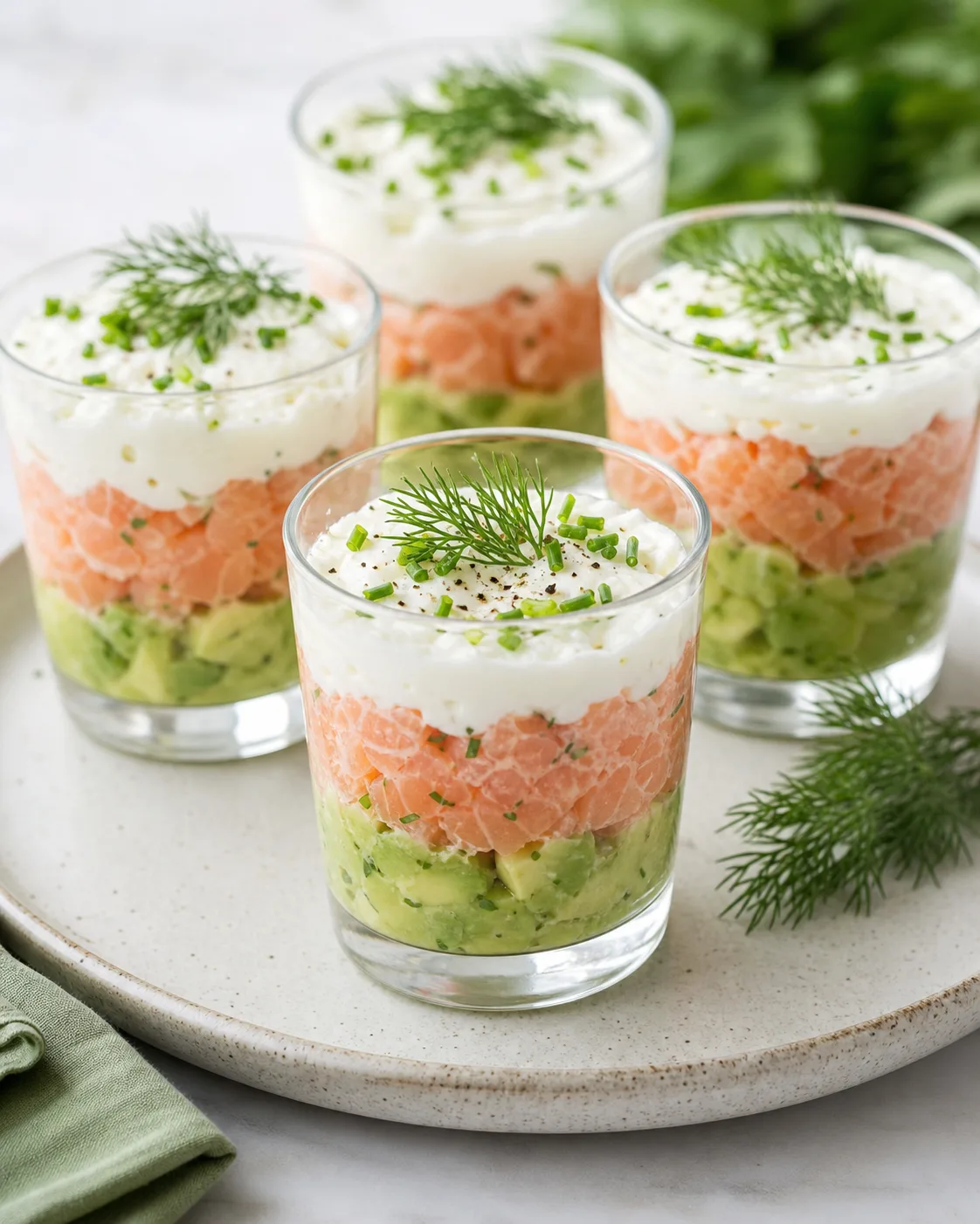 Petites verrines saumon avocat bien fraîches avec couches nettes, crème au fromage frais et herbes sur plateau clair