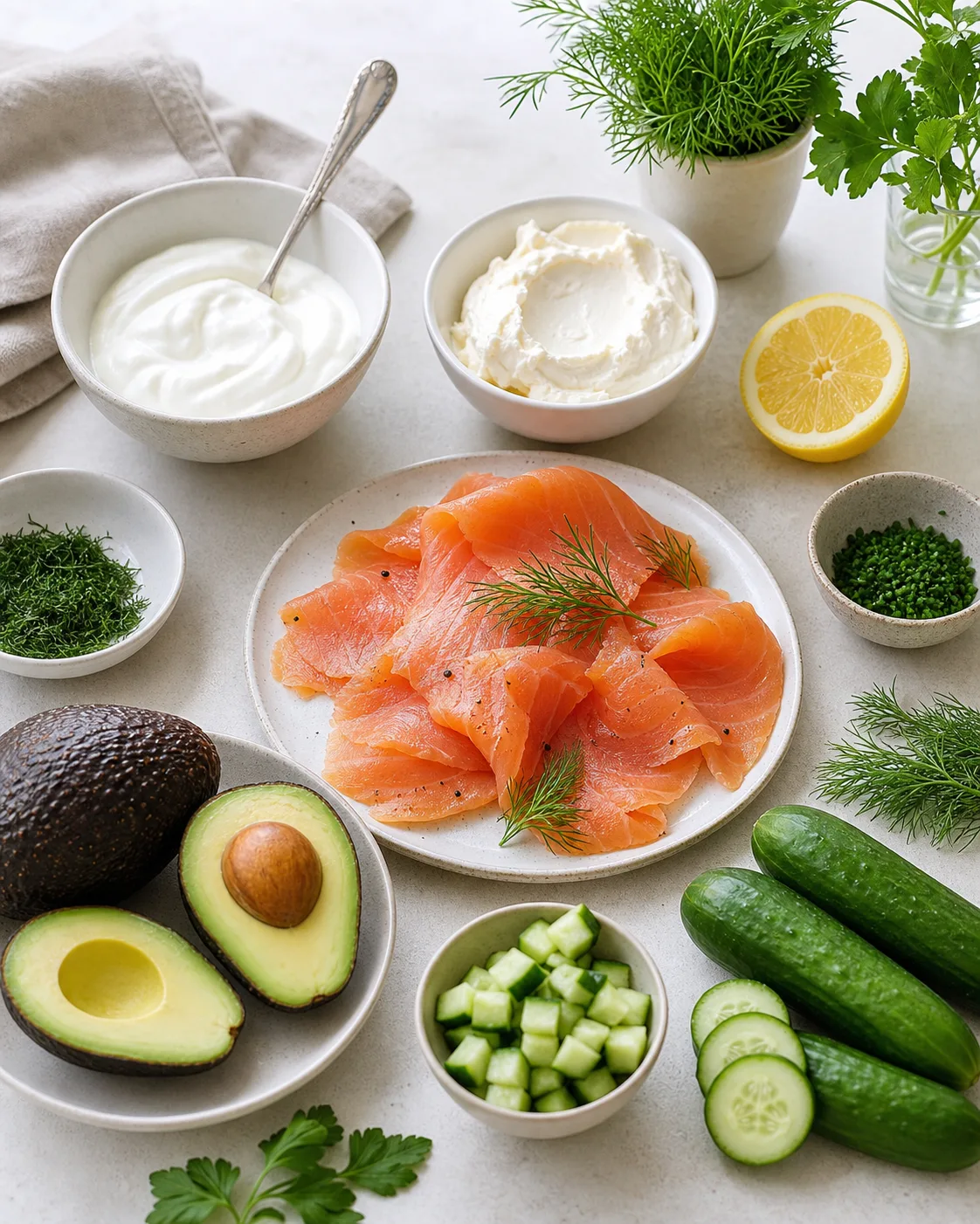 Ingrédients pour verrines saumon avocat avec avocats, saumon fumé, fromage frais, yaourt grec, concombre, citron et herbes sur plan de travail clair