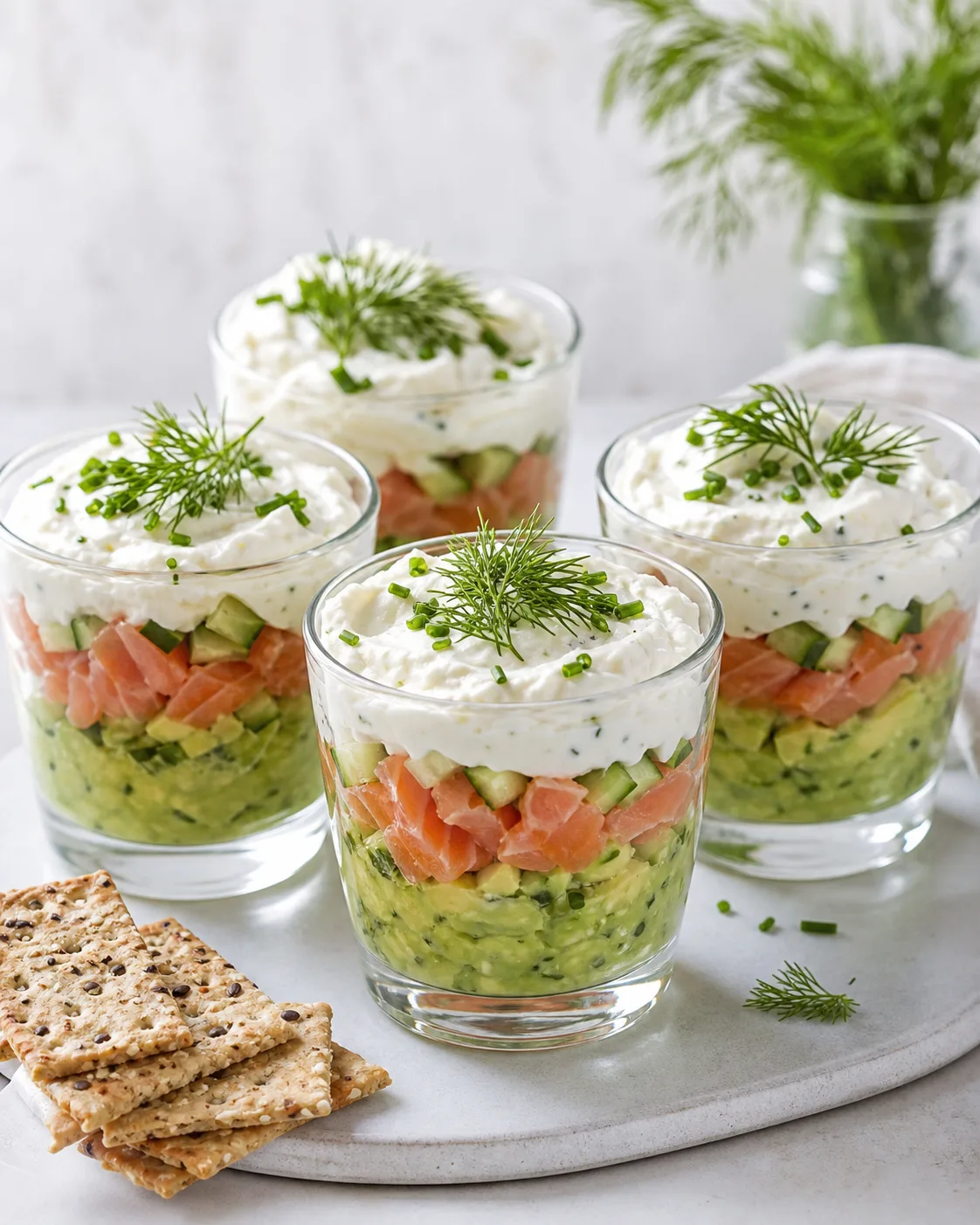 Verrines saumon avocat servies à l’apéritif avec crackers fins et finition d’herbes sur table lumineuse